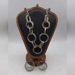 Silver Gold Metal Chain Necklace and Pierced Earring Set